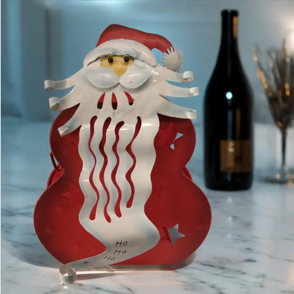 WINE HOLDER --  Christmas/Santa, Cut Metal, Holds 2 Bottles of Wine, Red/White